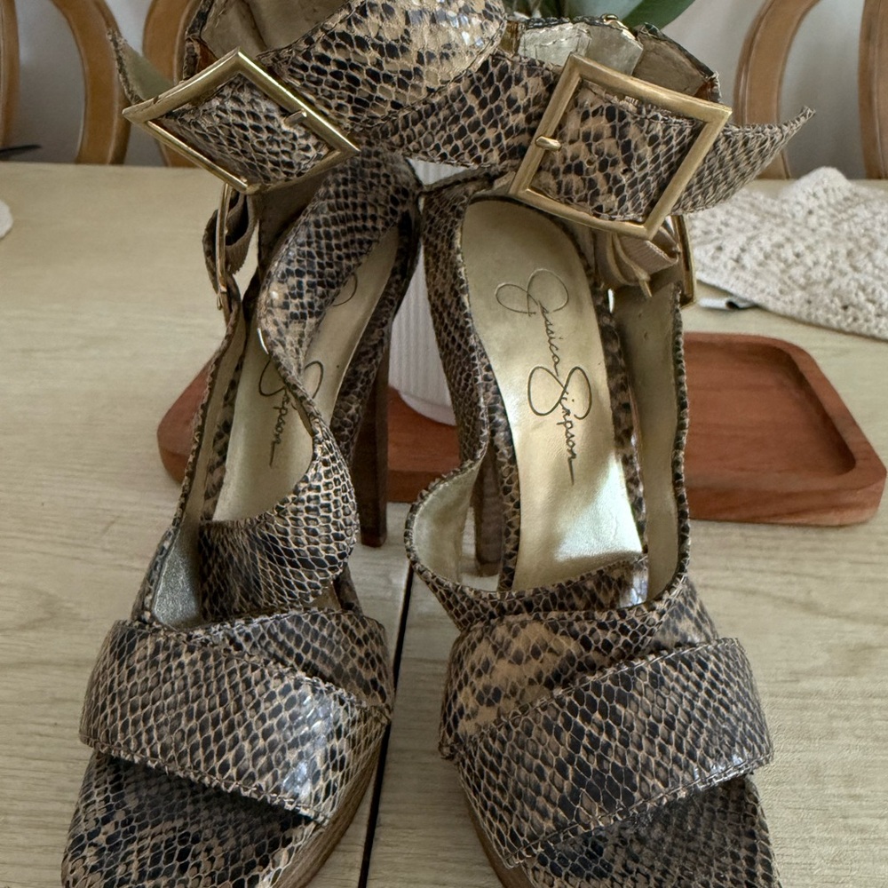 Jessica Simpson Snake Print Strappy High Heel Sandals with Gold Buckles - Picture 5 of 5